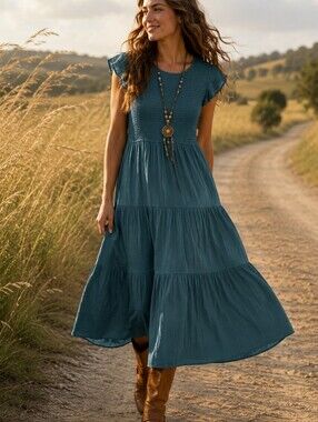 mine Teal Tiered Maxi Dress with Smocked Bodice